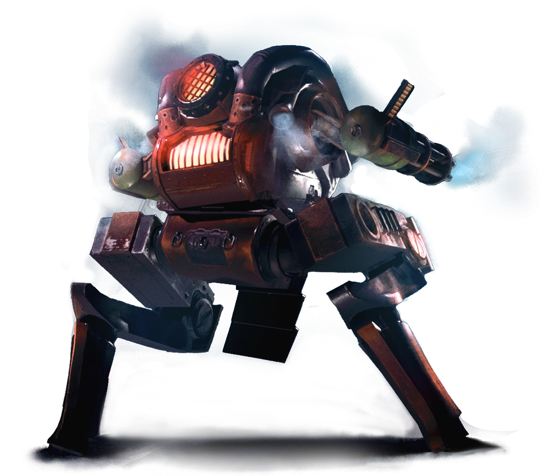 The Iron Cocoon mech, its furnace grille glowing red, striding forward with steam venting from its guns