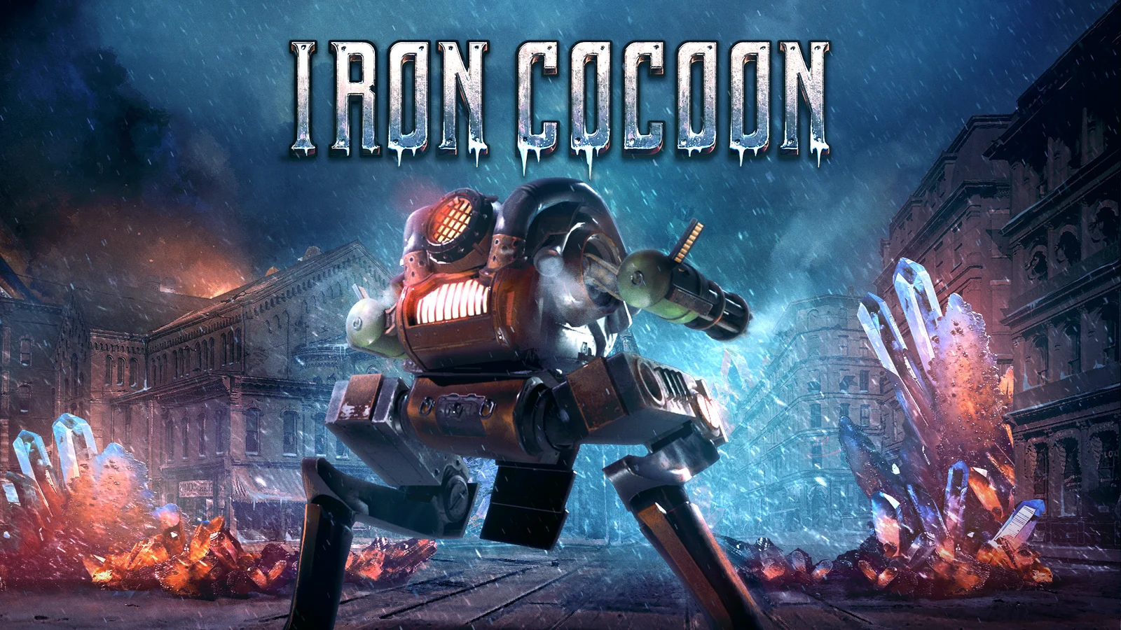 Iron Cocoon key art: a walking steampunk mech in a snowy, crystal-strewn city street