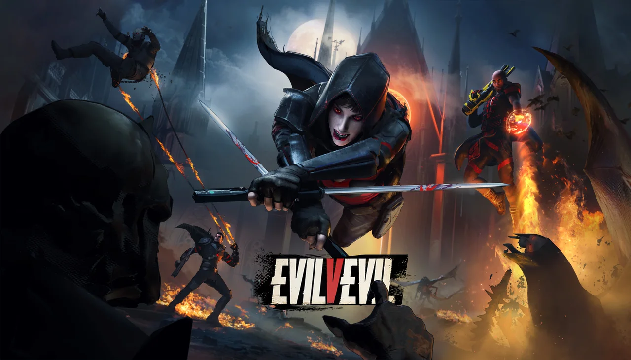 EvilVEvil key art: hooded vampire heroes leaping into battle in a burning gothic city
