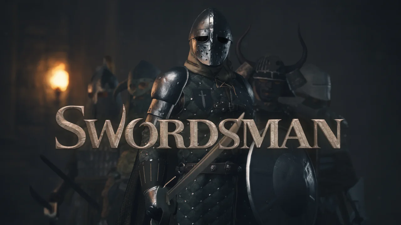 Swordsman VR key art: an armoured knight with sword and shield leading a line of warriors